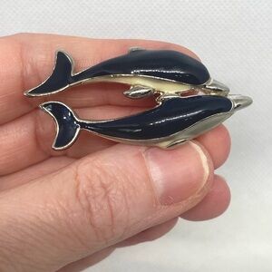 Vintage Double Dolphin Brooch Silver Tone Dark Navy Blue & Cream Colored Accents
